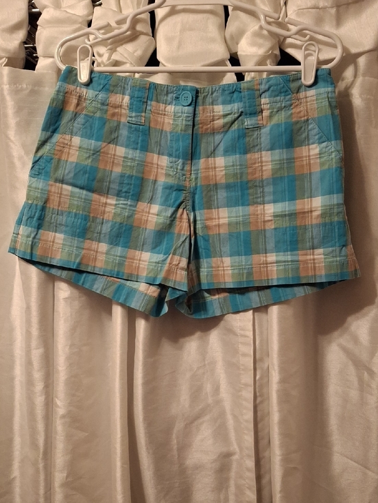 New York & Company Pants - New York & Company Plaid Jean Shorts - Turquoise & Tan